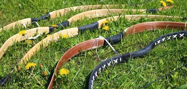 Five different strung bows next to each other on the grass