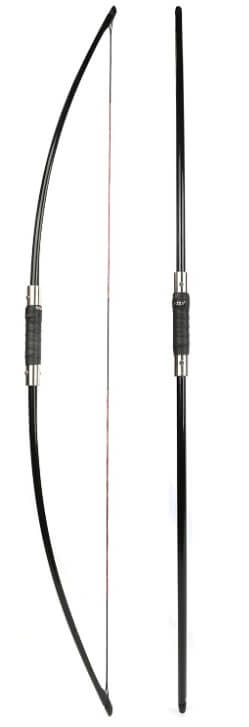 A modern longbow shown strung on the left and unstrung on the right