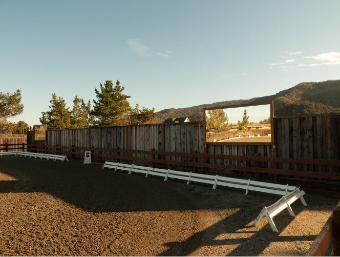 A riding arena with a mirror installed on the outside 